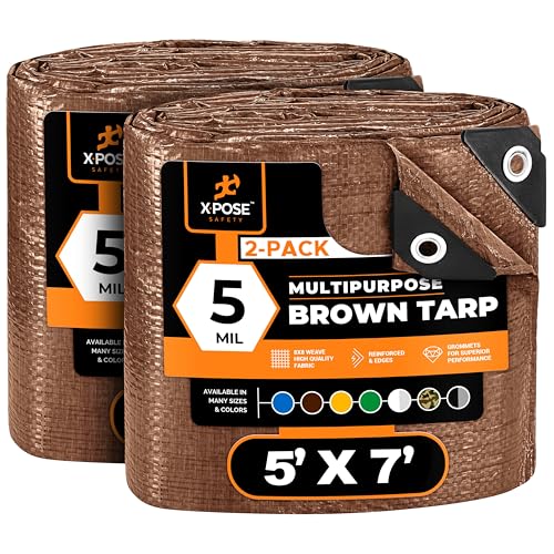 Multipurpose Protective Cover Brown Poly Tarp 5' x 7' (2-Pack) - Durable, Water Resistant, Weather Resistant - 5 Mil Thick Polyethylene - by Xpose Safety - color: Brown, size: 5 Feet X 7 Feet (2pk)