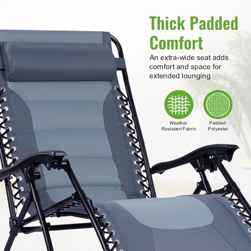 Backyard Expressions Deluxe XL Padded Recliner Zero Gravity Chair – Ergonomic Anti-Gravity Lounger with Folding Design, Side Tray, and Adjustable Headrest - color: Grey/Light Grey