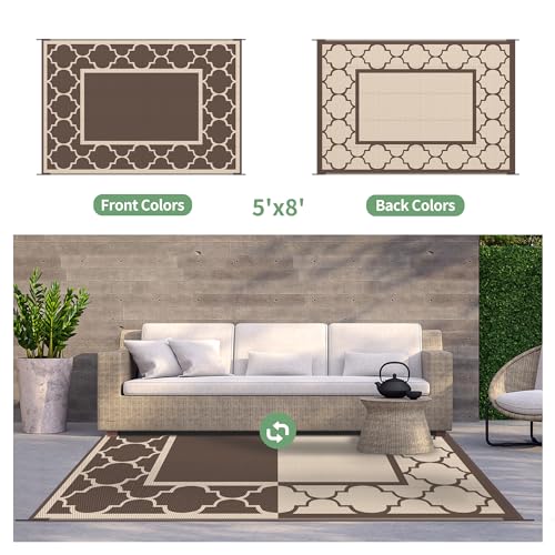 GENIMO 5' x 8' Outdoor Rug Waterproof for Patio Decor, Foldable Reversible Plastic Straw Area Rugs Mat for Camper, Outside Carpet for Rv, Deck, Porch, Picnic, Beach, Balcony, Coffee & Beige - color: Coffee&beige, size: 5' x 8' (Rectangular)