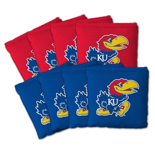 YouTheFan Officially-Licensed NCAA Set of 8 Cornhole Bags - All Weather Dual Sided Slide & Stop - Regulation Size with Carry case - color: Kansas Jayhawks