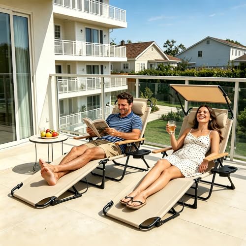 Foldable Chaise Lounge Chair Outdoor, Tanning Chair with 4-Position Reclining Back, Folding Sun Lounger, Outdoor Lounge Chair for Beach, Poolside, Backyard, Camping, UPF 50+, 300 LBS - color: Beige