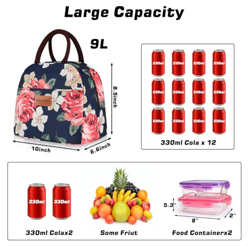 BALORAY Lunch Bag for Women Men Cute Reusable Insulated Lunch Box Large Capacity Lunch Tote Bag for Work, Picnic or Travel(Blue With Big Flower) - color: Blue Big Pink Flower, size: M