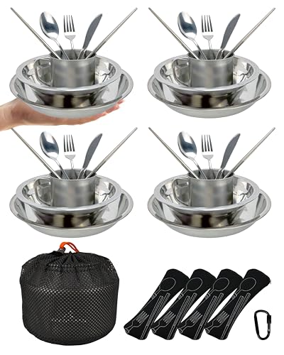 Stainless Steel Camping Mess Kit - Person's Complete Picnic & Camp Dish Set, Includes Plate, Bowl, Cup & Utensils