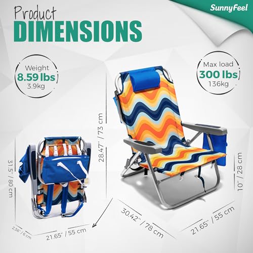 SUNNYFEEL Low Beach Chair, 5-Position Lay Flat Reclining, Backpack Portable Folding Chair with Cooler Bag & Cup Holder, Heavy Duty 350 LBS, Compact for Beach, Camping, Travel - color: Orange Wave, size: 1-pack
