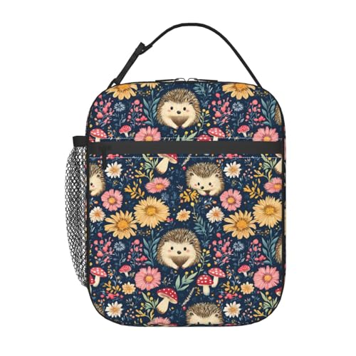 Reusable Hedgehog and Floral Lunch Box for Kids Girls Boys Women Adult, Insulated Cute Woodland Lunch Bag,Polyester Cooler Handbags Case for School Picnic Work Travel Beach or Hiking - color: Hedgehog