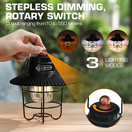 EverBrite LED Camping Lantern, USB C Rechargeable Lantern with 3 Light Modes, Vintage Outdoor Lanterns with Power Bank Function for Power Outages, Hurricane, Emergency, Fishing - color: Black