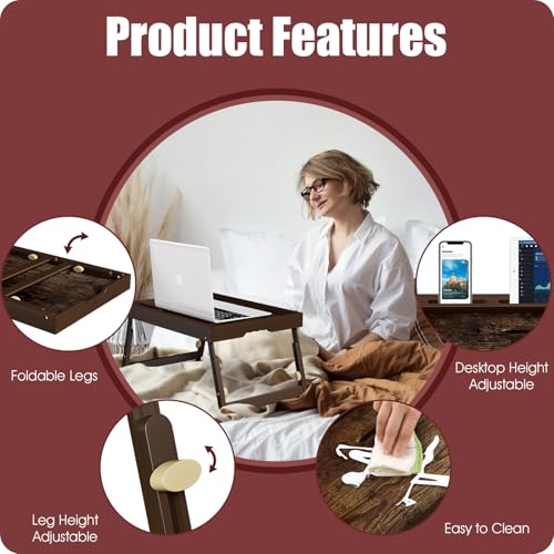 Bamboo Breakfast Tray with Telescopic Legs Tray with Foldable Legs and Removable Stand | Ergonomic Handle | Portable Bed Tray for Dining, Working, Laptop, Tablet and Phone，Vintage Walnut - color: Telescopic, size: Large