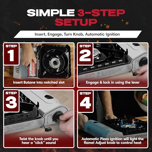Chef Master 15,000 BTU Butane Portable Camp Stove + 4x 8oz Butane Canisters | Double Wind-Guard Portable Stove Burner w/Piezo Ignition for Emergencies, Tailgating, Hiking & Camping Essentials - 90019 - size: Stove&Fuel
