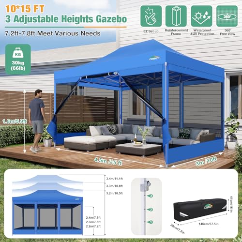 COBIZI 10x15 Canopy Tent, Heavy Duty Pop up Canopy with Sidewalls, Waterproof Easy Setup Canopy with Mosquito Netting, Outdoor Instant Screen Tents for Parties, Wedding, Backyard with Carry Bag, Blue - color: Blue, size: 10x15FT