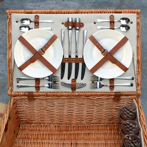 Picnic at Ascot Dorset English-Style Willow Picnic Basket with Service for 4, Coffee Set and Blanket- Designed, Assembled & Quality Approved in the USA - color: Wicker With London Plaid Plates/Napkins
