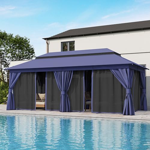 LAUSAINT HOME 10'x20' Outdoor Gazebo, Metal Frame Heavy Duty Patio Canopy Tent Shelter with Double Roofs, Mosquito Nettings and Privacy Screens for Backyard, Garden, Lawn, Navy Blue - color: Navy Blue, size: 10'x20'
