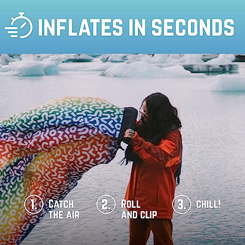Chillbo Inflatable Couch – Unique Designs - No-Pump Setup, Ripstop Polyester, Stability Pegs, Fun Prints - Portable Air Inflatable Lounger for Beach, Camping, Festivals, and Tailgating - color: Rainbow Swizzle, size: Large