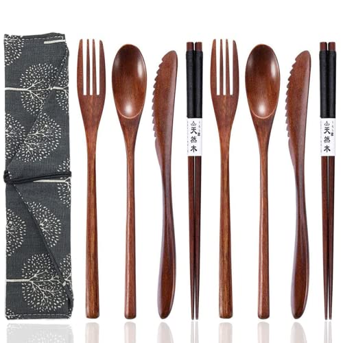 Reusable Wooden Utensils for Eating 8 Pcs Travel Wooden Spoons Forks Chopsticks Cutlery Set with Case Lunch Utensils Silverware Set for Lunch Portable Wood Flatware Set for Eating - color: 2 Sets of Knives, Spoons, Chopsticks and Forks