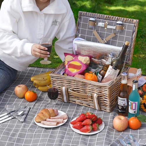 Wicker Picnic Basket for 2 - Willow Basket with Waterproof Picnic Blanket | Willow Picnic Set with Insulated Cooler | Wicker Hamper with Cutlery Kit | Gift Basket for Christmas, Thanks Giving, Grey - color: Grey Check