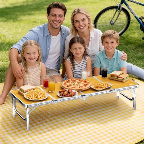 Anbte 4ft Low Folding Picnic Table, Thicker Aluminum Small Camping Table with Storage Bag, Portable Handle, Lightweight, for Camping Beach Party Picnic Floor,45.67" x 15.7" x 10.3", Yellow - color: Yellow, size: 45.67" X 15.7" X 10.3"