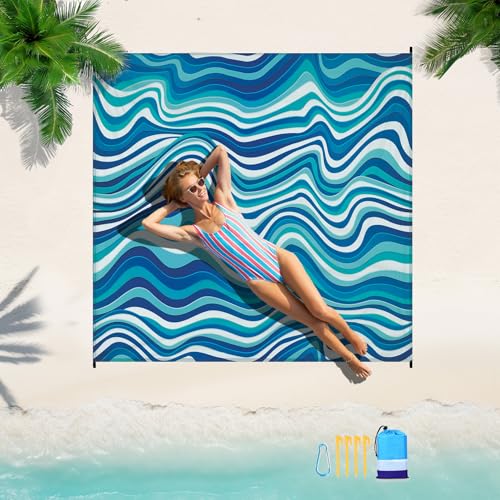 Beach Blanket 78''×110'' Suits 1-7 Adults Waterproof Sandproof Oversized Lightweight Sand Free Beach Blanket Large Picnic Mat for Travel Camping Picnic Hiking - color: Waves, size: 78''x110''