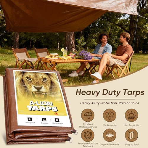 Heavy Duty Waterproof Tarp, Brown/Silver Multipurpose Poly Cover with Grommets, 50x50 Feet, 10 Mil Thickness, All-Season Outdoor Protection