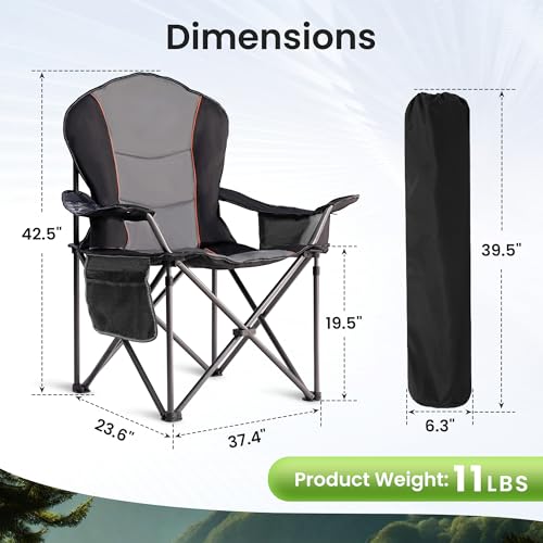 Folding Camping Chairs for Adults - High Back Padded Outdoor Lawn Chairs with Lumbar Support & Cup Holder (Black & Gray, 1 Pack) - color: Black & Gray, size: 1 Pack