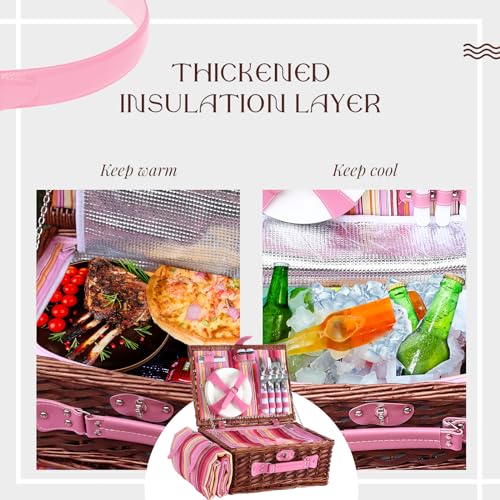 Picnic Basket Set for 4 with Waterproof Blanket Mat Insulation Bag Wicker Pink Stripe Classic Fresh Gift for Christmas Thanksgiving Wedding Birthday Camp Outdoor Beach Travel - color: Pink Stripes
