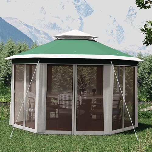 13X13 Pop Up Gazebo,Outdoor Canopy Tent with Mosquito Netting, Double Vented Roof Sun Shelter with Adjustable Heights,Outdoor Gazebo for Backyard & Patio Furniture.(Green with Beige-Hexagonal). - color: Green with beige