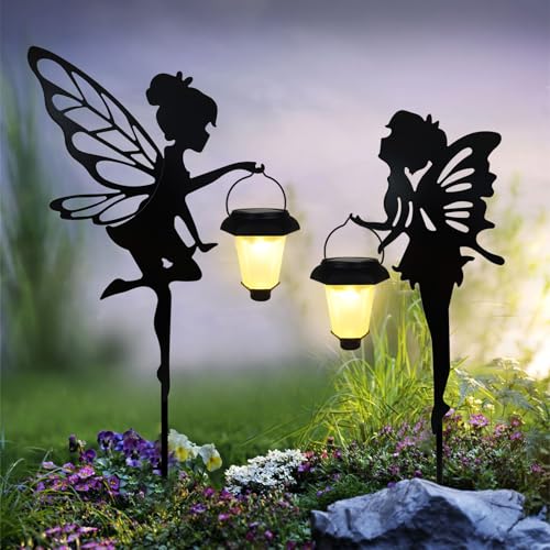 Solar Fairy Garden Stake Decorative Lantern, 2 Pack Metal Fairy Angel Garden Silhouette Lights for Lawn, Pathway, Patio, Yard Outdoor Decor - size: Fairy2