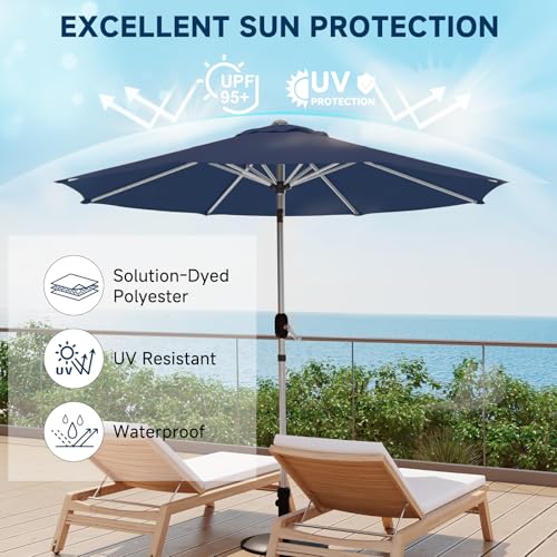 9FT Aluminum Outdoor Patio Umbrella, Fade-Resistant Market Umbrella with Push Button Tilt Function, 8 Sturdy All-Aluminum Ribs for Gardens, Patios, Backyards & Pools - color: Navy Blue, size: 9FT-1Tier (Aluminum Umbrella)