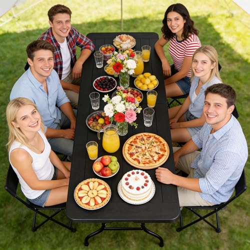 SUPER DEAL 8FT Folding Picnic Table for Indoor Outdoor, Portable Fold-in-Half Plastic Dining Camping Party Table with Carrying Handle, Black - color: Black, size: 95"x30", style: Rectangular