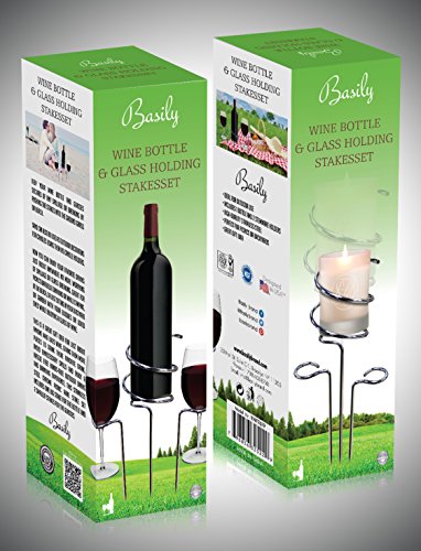 Basily Wine Stake Set - holds your wine and glasses in the ground, prevents from spilling and breaking, Stainless Steel