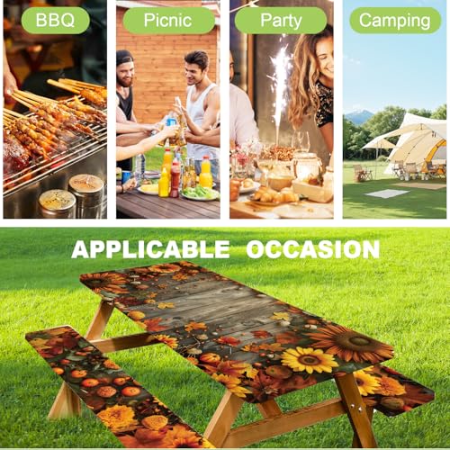 ANNA QUEEN Autumn Harvest Picnic Table Cover Set, 6FT Rustic Fall 3PCS 72"x30" Waterproof Tablecloth with Bench Covers for Camping Thanksgiving & Outdoor Events - color: #6