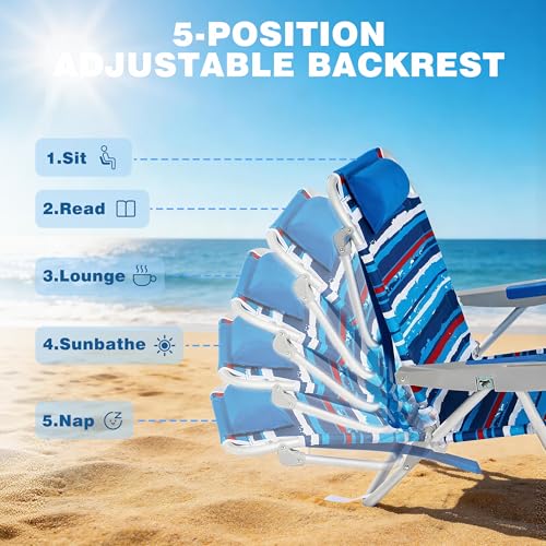 SUNNYFEEL Extra Wide Low Beach Chair 2 Pack 5 Position Lay Flat 500 LBS Heavy Duty, XL Oversized Folding Camping Chairs with Cup Holder for Outdoor/Sand, Portable Backpack Beach Chair for Adults - color: Darkblue Stripe, size: 2-PACK