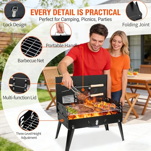 Portable Charcoal BBQ Grill Kit, Foldable Camping Mini Grill for Outdoor Cooking, Compact Design Barbecue Accessories with Barbecue Tools, Perfect for Beach, Backyard, Picnics (Mini Grill)