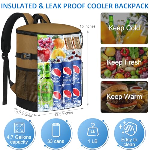 Tenot Cooler Backpack 33/40 Cans Backpack Coolers Insulated Leak Proof Soft Beach Cooler Bag for Men Women Ice Chest Backpack Camping Hiking Picnic Travel Cooler Lunch Backpack - color: Brown, size: 33 Cans