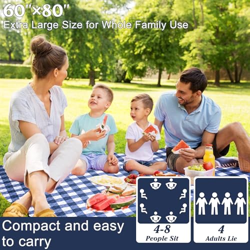 Extra Large Picnic Blanket 80''x 60'' Picnic Mat Waterproof Sand Proof Foldable for Beach, 5-Layer Outdoor Blanket for 6 to 8 Adults,Camping Lawn Hiking Park Music Festival Wedding Mats(Navy Blue) - color: Navy Blue, size: 5' x 6'8" (Square)