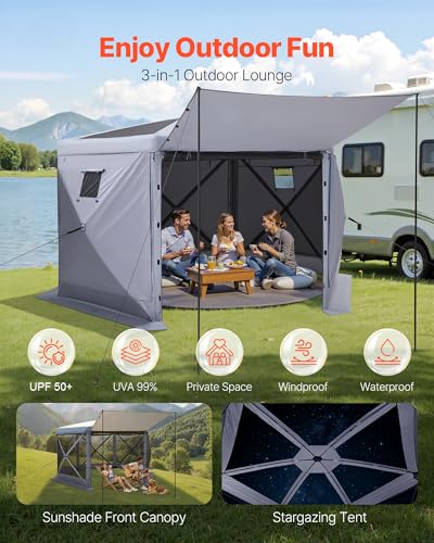 VEVOR Pop up Gazebo Screen Tent, 12 x 12 ft Large 6-Sided Camping Canopy Tent with Removable Top & Carry Bag, Quick-Set & Bite-Proof, Screen House Sun Shelter for 8-10 Persons Backyard Patio, Grey - color: Gray, size: 12 x 12ft
