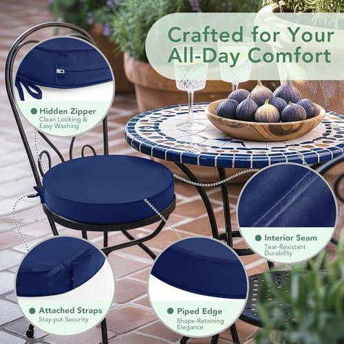 Summsun Outdoor Bistro Chair Cushions Set of 4, 15" D x 3" H Round Chair Cushions Waterproof and Fade Resistant Chair Cushion Pads with Non-Slip Ties and Removable Covers for Garden, Navy Blue - color: Navy, size: 15x3 Inch (Round)-4p