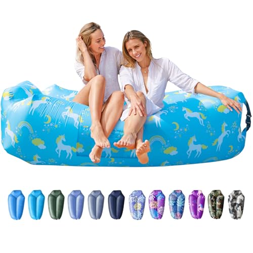 AlphaBeing Inflatable Lounger Beach Chair Accessories, Air Sofa Hammock Inflatable Couch for Camping Backyard Lakeside with Compression Sacks, Ideal Outdoor Gifts for Adults - color: Unicorn Lightblue