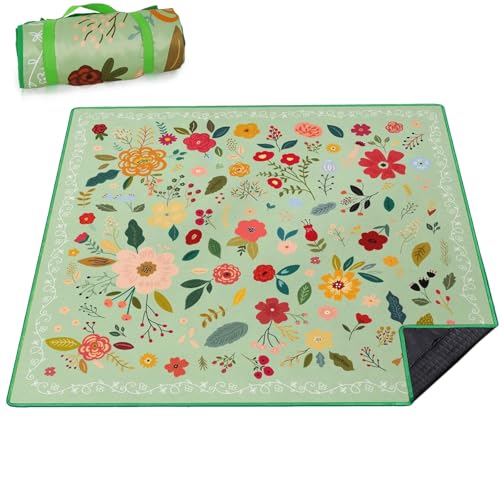 Picnic Blankets Waterproof Extra Large, 80"x 80" Outdoor Beach Blanket Sandproof Oversized Foldable Lightweight Portable 3-Layer Camping Mat for Parks,Hiking,Travel,Music Festival(Boho Flower) - color: Green Boho Flower, size: 6'8" x 6'8" (Square)