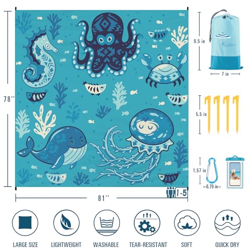 Famstar Beach Blanket Sandproof Waterproof 78''×81''1-5Adults Oversized,Compact Lightweight Durable Beach Mat for Travel Camping Hiking Picnic Blanket - color: Ocean Park, size: 78''×81''