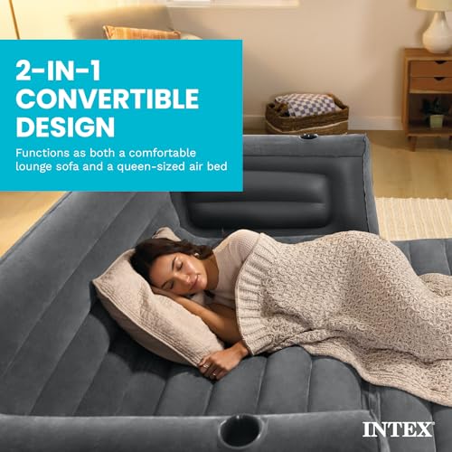 Intex Inflatable Pull-Out Sofa: Velvety Surface, 2-in-1 Valve, Cupholder, 46" x 88" x 26" - Blow-Up Couch and Folding Queen Size Air Mattress Bed - style: Queen