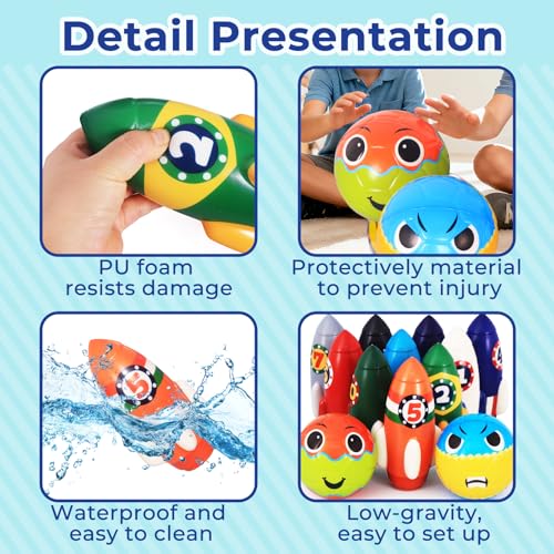 Nattork Rocket Kids Bowling Set - Toddler Bowling Game Indoor Outdoor with 10 Foam Pins 2 Balls, Educational Games Set for Age 4-5,5-12 Kids Birthday Gift