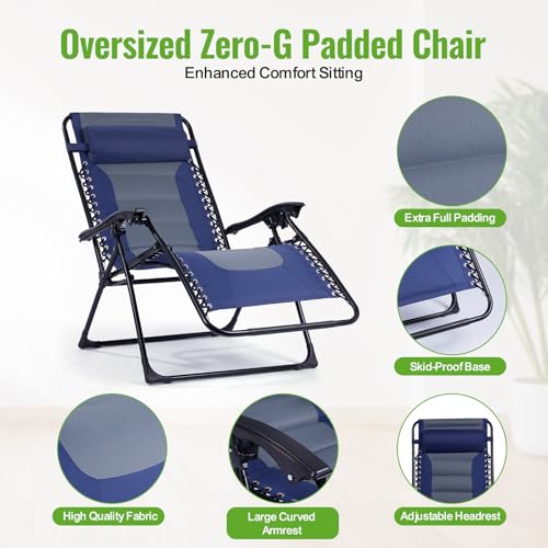 Backyard Expressions Deluxe XL Padded Recliner Zero Gravity Chair – Ergonomic Anti-Gravity Lounger with Folding Design, Side Tray, and Adjustable Headrest - color: Navy/Grey