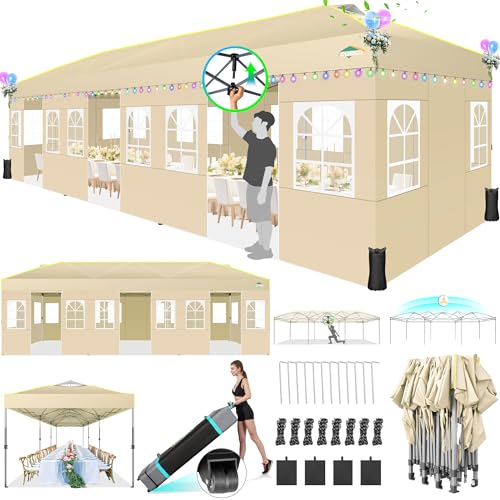 COBIZI 10x30 Pop Up Canopy Tent with Sidewalls 10x30 Party Tent Outdoor for Parties UPF 50+ Windproof Waterproof Gazebo with Air Vent, Wheeled Bag, Sandbag, Stake, Rope,（Khaki - color: Khaki(1-year warranty), size: 10x30