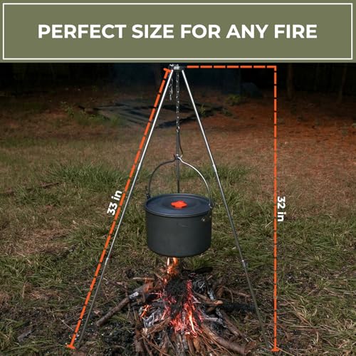 Tactiko Survival 33" Camping Tripod for Cooking - Stainless Steel Folding Stand, Adjustable Chain – Compact, Lightweight Outdoor Gear for Hanging Kettles, Pots & Percolators