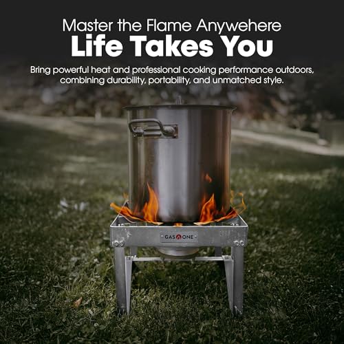 GasOne Stainless Steel Outdoor Propane Burner – High Pressure Camp Stove with Adjustable Regulator & Steel-Braided Hose - color: Stainless Steel