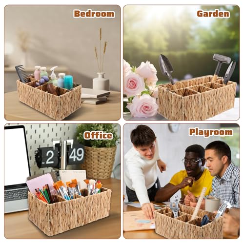 LLOUSSAK Utensil Caddy, Outdoor Silverware Caddy with Handle, Wicker Utensil Holder for Party, Woven Divided Picnic Basket as Cutlery Holder, Outdoor Party Essentials (5 Compartments)