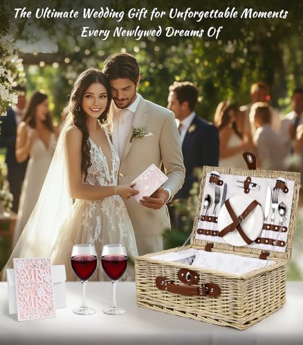 Picnic Basket for 2, Bridal Shower Gift Wedding Gifts with Mr Mrs Wine Glasses and Greeting Card, Engagement Newly Weeding Gifts for Couples 2026, Wicker Picnic Set Kit with Blanket Cooler for Beach - color: Wedding Gift Style Grey