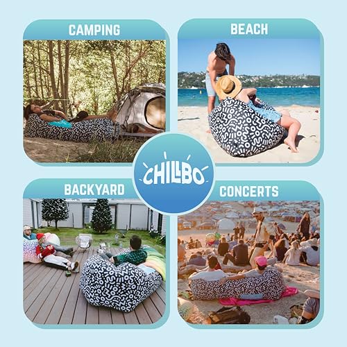Chillbo Inflatable Couch – Unique Designs - No-Pump Setup, Ripstop Polyester, Stability Pegs, Fun Prints - Portable Air Inflatable Lounger for Beach, Camping, Festivals, and Tailgating - color: Black & White Swizzle, size: Large