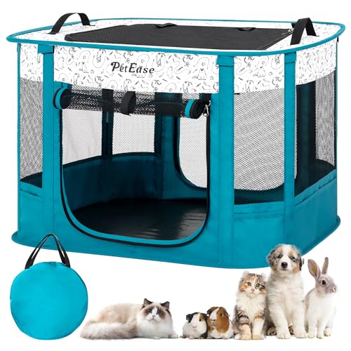 Portable and Foldable Cat Playpen Dog Playpen Small Animal Playepn with Waterproof Bottom, Foldable Pet Cage for Rabbit Puppy Hamster, Indoor/Outdoor Use - color: Peacock blue