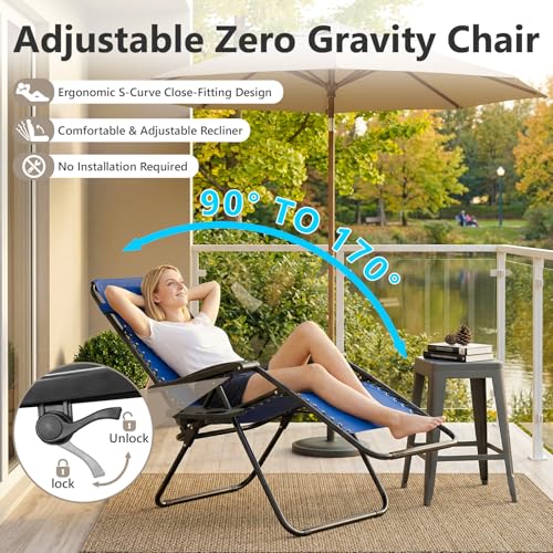 Zero Gravity Chairs Set of 2, Adjustable Lounge Chair Outdoor Recliner, Folding Reclining Lawn Chair, Anti Gravity Chair with Pillow & Cup Holder for Pool Camping Sunbathing Beach Patio