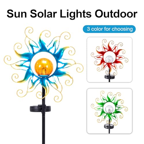 Solar Lights Outdoor Garden Decor, Blue Metal Sun Crackle Glass Globe Stake Waterproof 30LED Decorations Unique Gifts for Women,Mom,Outside, Patio,Lawn,Yard,Pathway - color: Sun Light